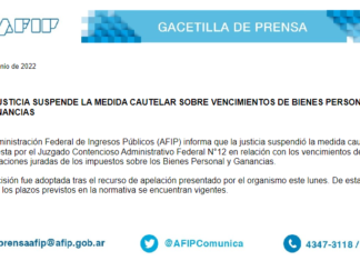 La AFIP informa que nuevamente los vencimientos de bienes personales y ganancias se encuentran vigentes (Prensa AFIP)