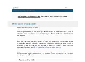 Consultas frecuentes AFIP: Monotributo. Recategorización semestral