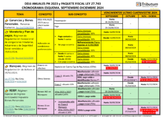 CRONOGRAMA ESQUEMA: DDJJ 2023 PH y Paquete Fiscal Ley 27.743 y sus plazos Septiembre a Diciembre 2024