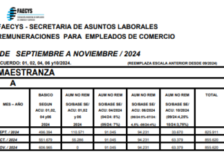 Comercio. Acuerdo: ESCALAS completas Septiembre a Noviembre 2024 con la nueva suba del 8% (Sept y Oct)