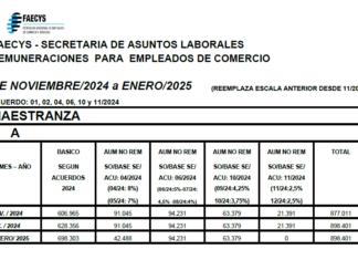 Comercio. Acuerdo: ESCALAS completas Noviembre a Enero 2025 con la nueva suba del 5% de Nov y Dic 2024