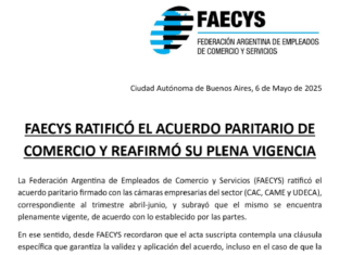 Comercio: FAECyS ratificó el acuerdo la vigencia Abril a Junio 2025. Suba del 5,4% y $ 115.000 fijo