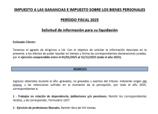 Ganancias y Bienes Personales DDJJ 2025: solicitud de datos a clientes. Memo y planilla modelo a completar