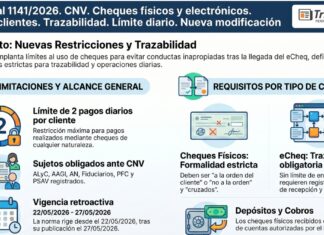 Res Gral 1141/2026. CNV. Cheques físicos y electrónicos. Pagos clientes. Trazabilidad. Límite diario. Nueva modificación