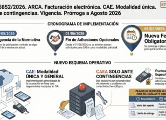 Res Gral 5852/2026. ARCA. Facturación electrónica. CAE. Modalidad única. CAEA ante contingencias. Vigencia. Prórroga a Agosto 2026