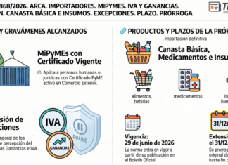 Res Gral 5868/2026. ARCA. Importadores. MiPyMEs. IVA y Ganancias. Percepción. Canasta básica e insumos. Excepciones. Plazo. Prórroga