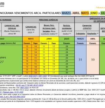 Cronograma vencimientos Ganancias & Bienes Personales DDJJ 2025: Marzo-Julio 2026. Prórroga diferencial