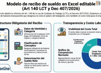 Modelo de recibo de sueldo en Excel editable (Art 140 LCT y Dec 407/2026)