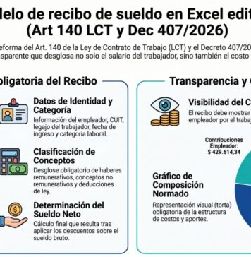 Modelo de recibo de sueldo en Excel editable (Art 140 LCT y Dec 407/2026)