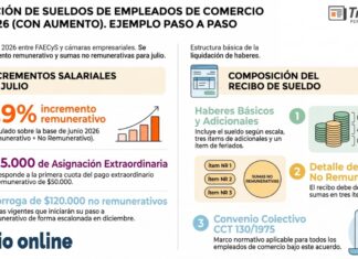 Liquidación de sueldos de Empleados de Comercio Julio 2026 (con aumento). Ejemplo paso a paso