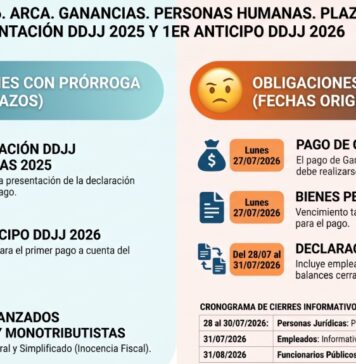 Res Gral 5876/2026. ARCA. Ganancias. Personas Humanas. Plazos. Prórrogas. Presentación DDJJ 2025 y 1er Anticipo DDJJ 2026