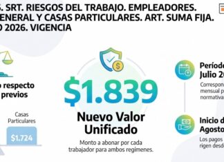 Disp 7/2026. SRT. Riesgos del Trabajo. Empleadores. Régimen General y Casas Particulares. ART. Suma fija. Suba. Julio 2026. Vigencia
