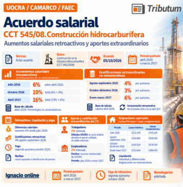 Acuerdo Salarial UOCRA. CCT 545/08. Construcción hidrocarburífera. Aumentos salariales retroactivos y aportes extraordinarios