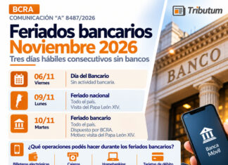 Com A 8487/2026. BCRA. Feriados bancarios. Noviembre 2026. Tres días hábiles consecutivos sin bancos. Vencimientos fiscales