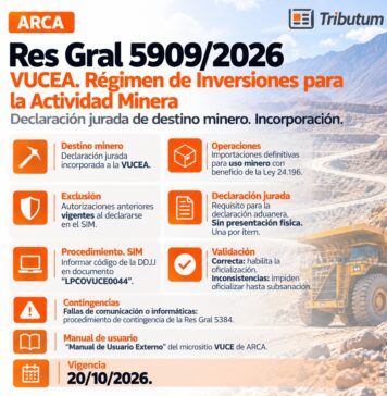 Res Gral 5909/2026. ARCA. Minería. VUCEA. Régimen de Inversiones.DJ de destino minero. Incorporación